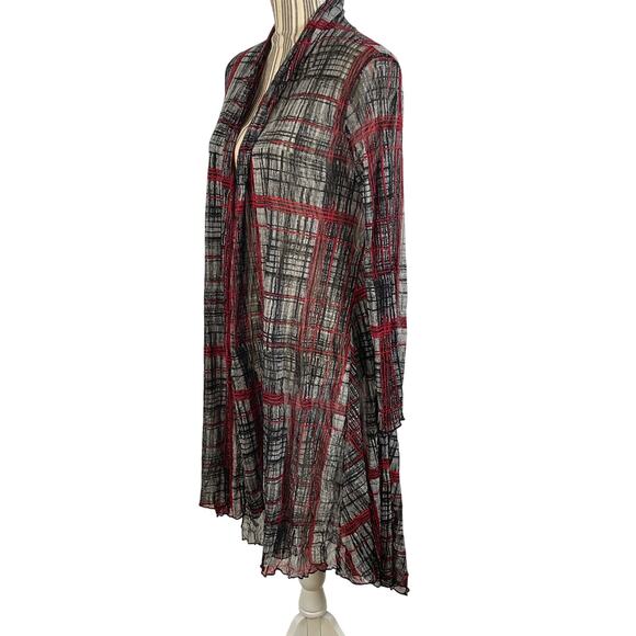 Comfy USA Gray Red Sheer Open Front Hi-Low Duster Cardigan Size Medium - Picture 2 of 7